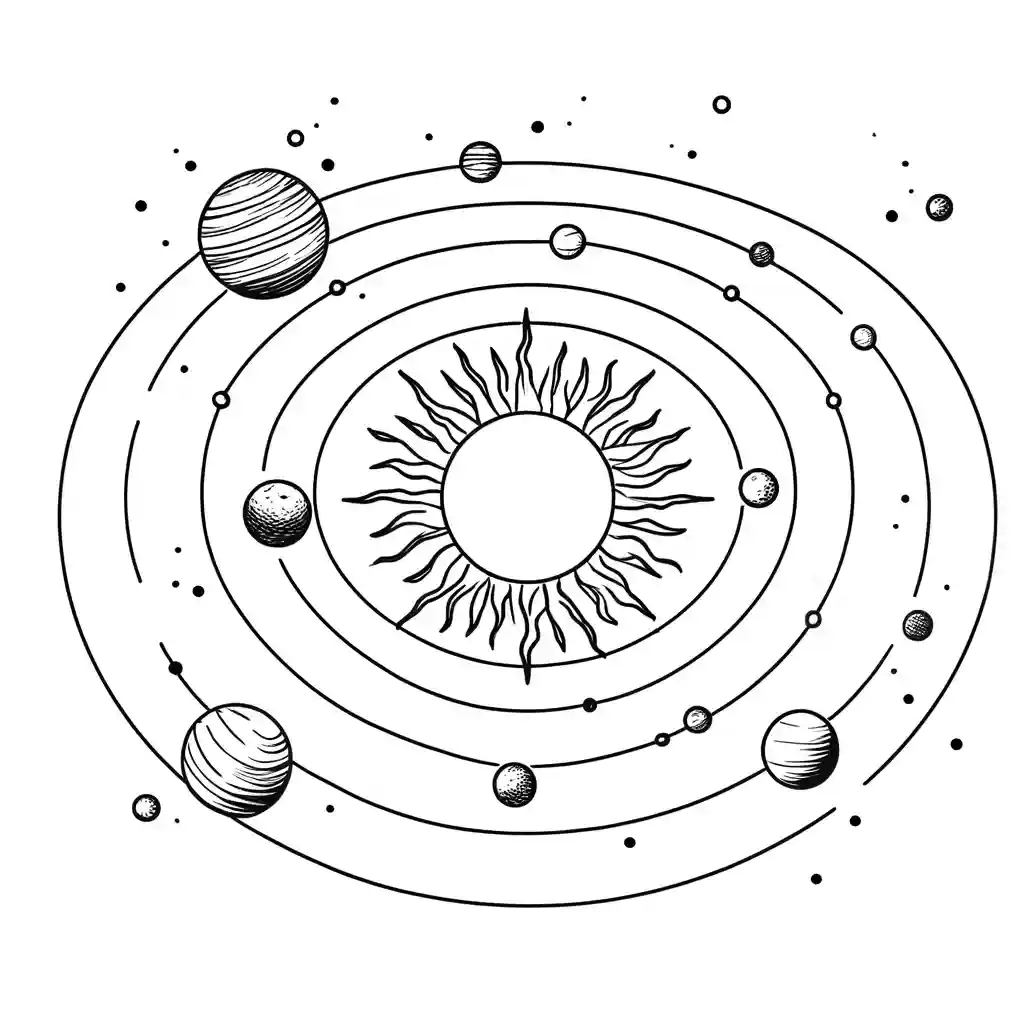 رسم خطي بسيط للنظام الشمسي يشمل الشمس والكواكب الثمانية بترتيبها حول الشمس. الرسمة باللونين الأبيض والأسود ومعدة للتلوين.
