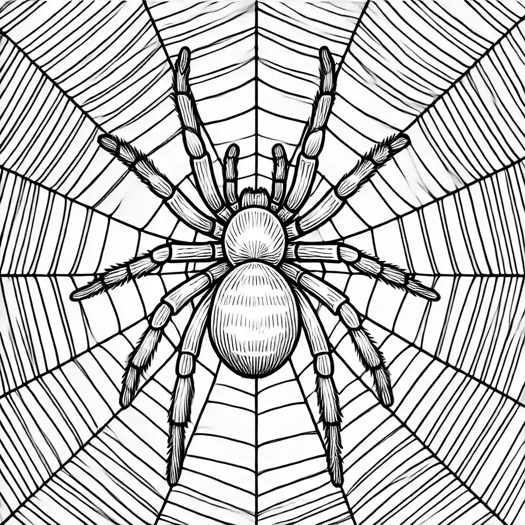 رسم بخطوط بسيطة لعنكبوت على شبكة، مناسب لتلوين الأطفال. العنكبوت يقع في مركز الشبكة مع تفاصيل واضحة للساقين والجسم. الشبكة تتميز بنمط مفصل يمتد من المركز للخارج. الخلفية بسيطة لتسليط الضوء على العنكبوت وشبكته.