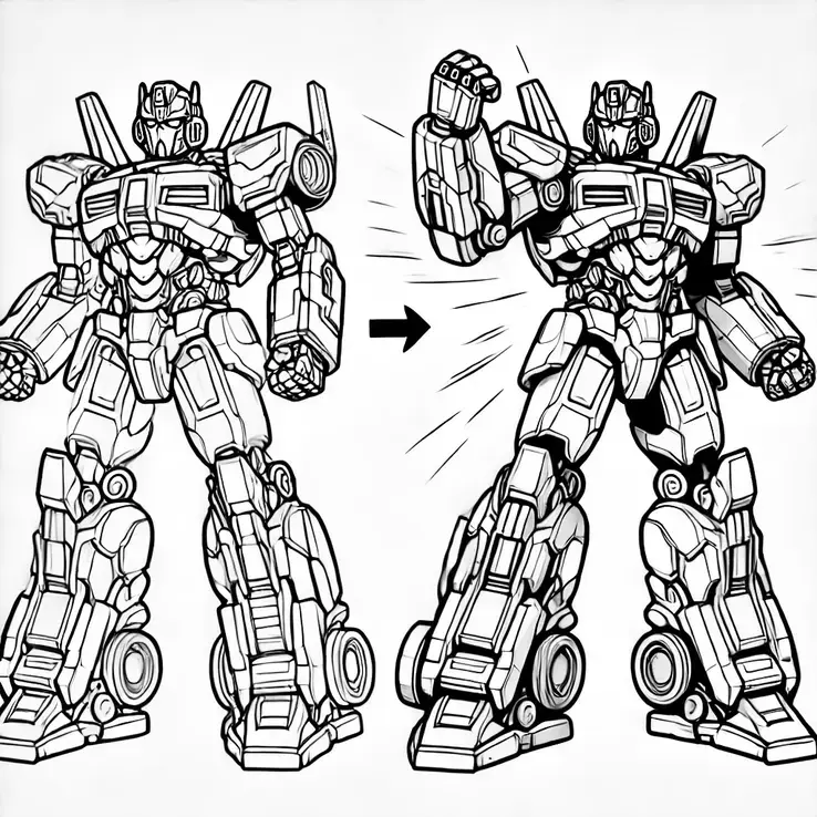 روبوت متحول بتفاصيل رائعة، مصمم خصيصًا للتلوين للأطفال، يظهر قدرته على التحول بأجزاء متحركة أو في طور الانتقال بين الأشكال.