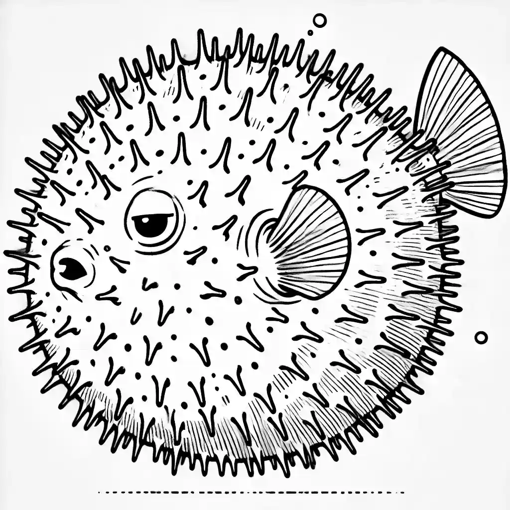 سمكة النفيخة تنتفخ، تظهر وهي منتفخة بالكامل مع أشواكها الظاهرة. الصورة تهدف إلى تلوينها للأطفال مع خطوط واضحة وأقل تفاصيل.