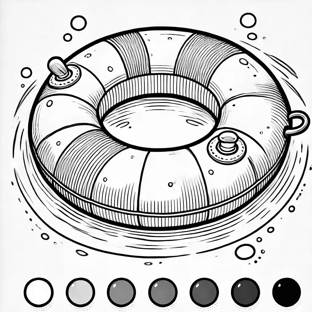 صورة طوق سباحة دائري بسيط بدون زخارف، مع صمام على جانب واحد. الرسم مخصص للأطفال لتلوينه، مما يوفر لهم فرصة للإبداع واختيار الألوان.