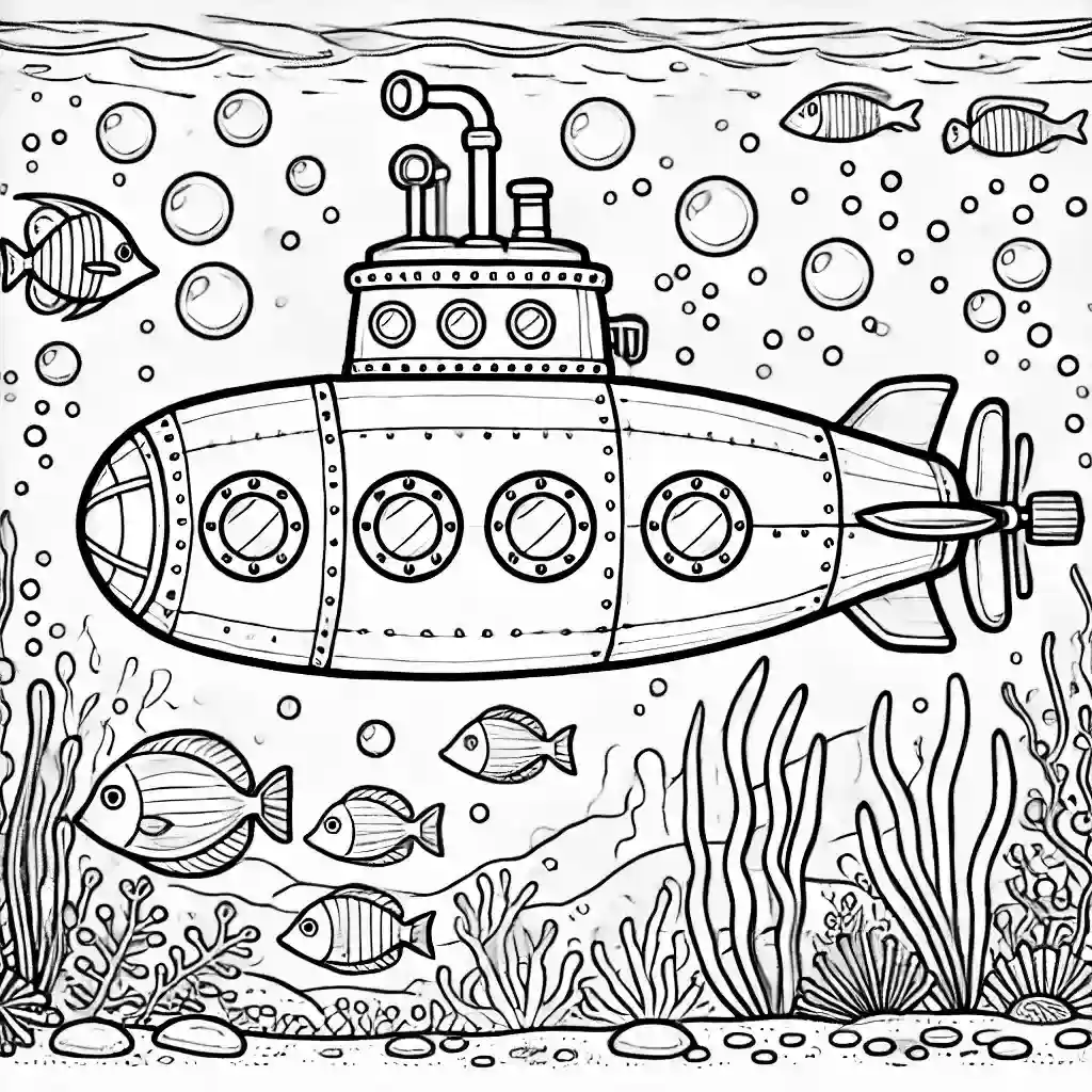 رسم بخطوط بسيطة لغواصة تحت الماء، مناسب لتلوين الأطفال. الغواصة تظهر بتفاصيل مثل المنظار، المروحة، والنوافذ. الخلفية تحتوي على فقاعات ونباتات بحرية وربما سمكة أو اثنتين لتكوين مشهد تحت الماء.