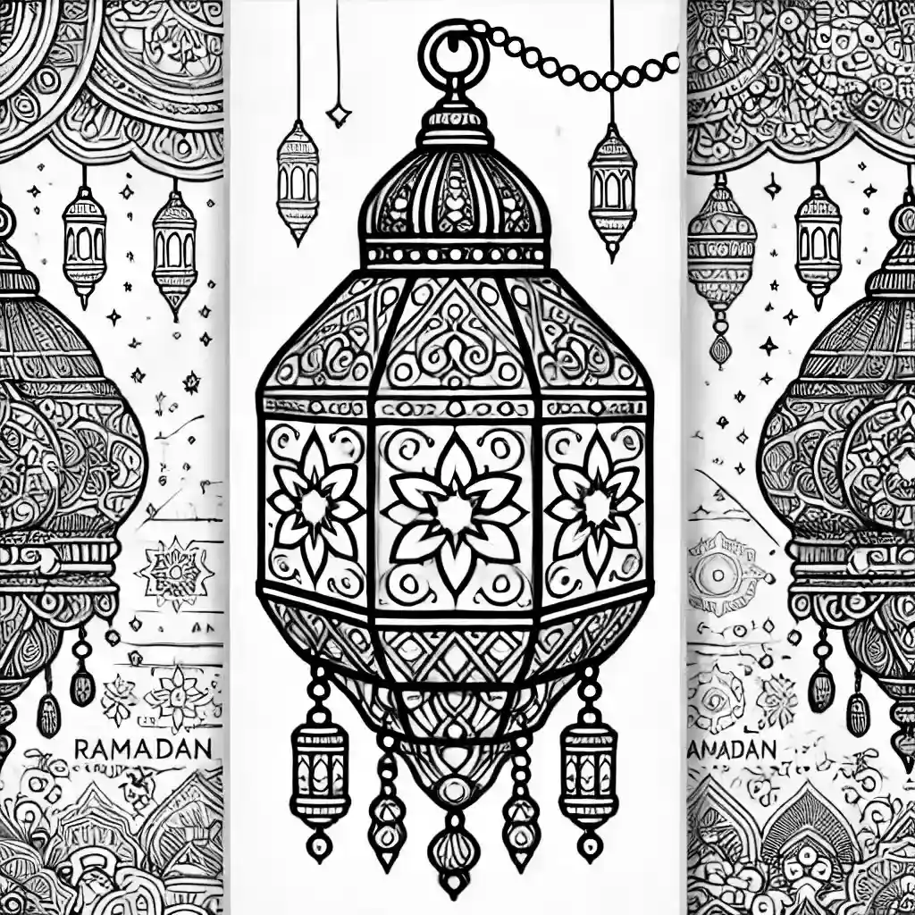 رسمة فانوس رمضان بألوان زاهية للتلوين، تُظهر الفانوس بتصاميم معقدة تشمل نقوش زهرية وأشكال هندسية وزخارف تقليدية. التصميم بخطوط واضحة وسميكة، مثالي للأطفال لتلوينه بألوان زاهية.