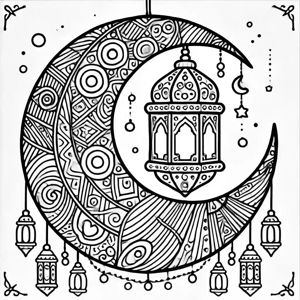 رسمة فانوس رمضان على شكل هلال، تظهر الفانوس بتصميم هلالي مزخرف وتفاصيل دقيقة تشمل نقوش تقليدية. التصميم بخطوط واضحة وسميكة، مما يجعله مناسبًا للأطفال لتلوينه.