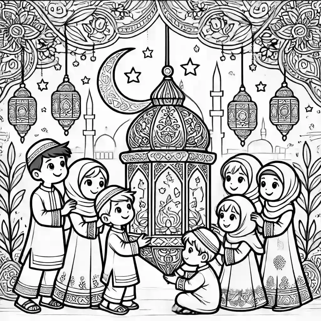 رسمة فانوس رمضان مزخرف مع أطفال يرتدون ملابس تقليدية، يحملون الفانوس ويستمتعون بالأجواء الاحتفالية. التصميم بخطوط واضحة وسميكة، مما يجعله مناسبًا للأطفال لتلوينه.