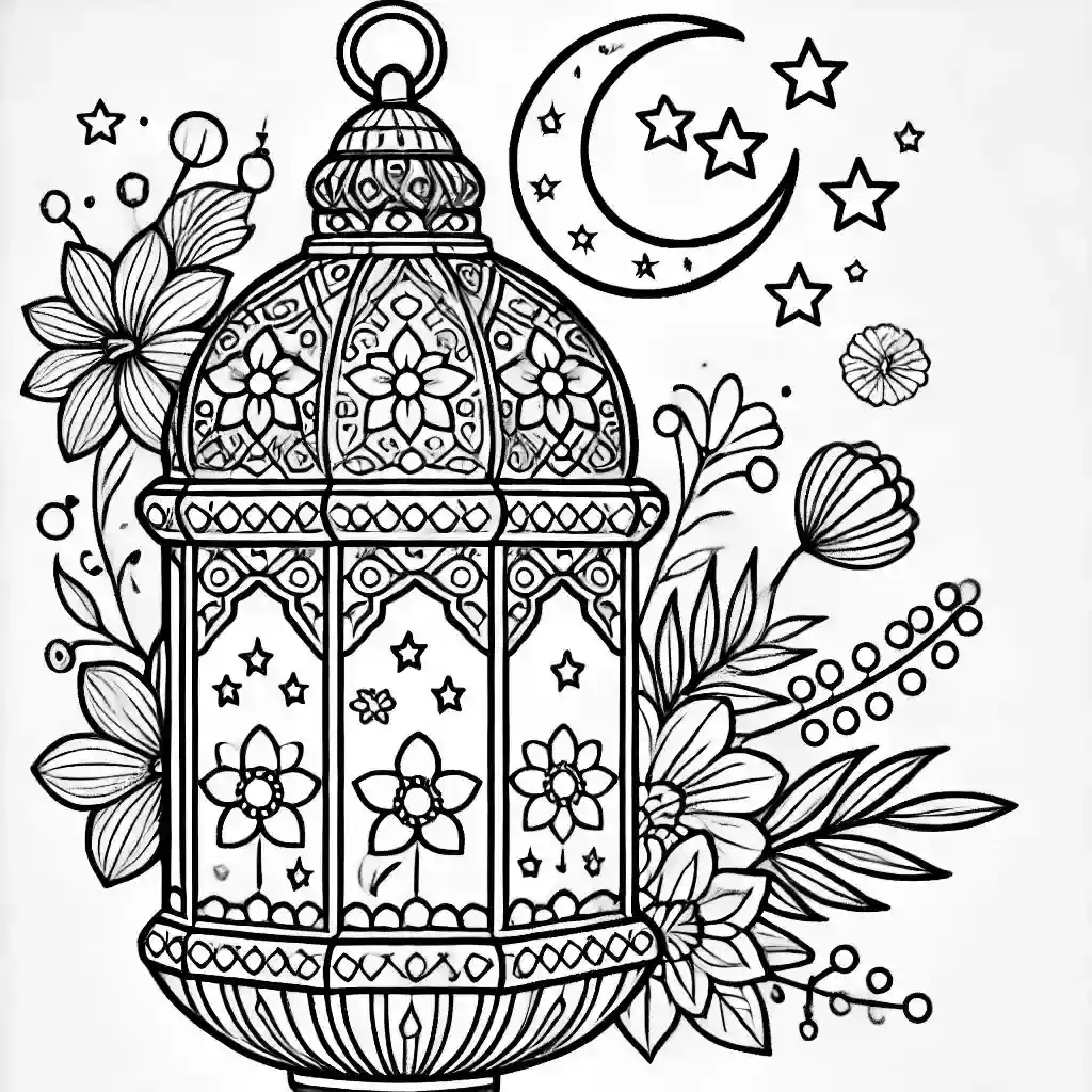 رسمة فانوس رمضان مزخرف بالزهور والنجوم للتلوين، تحتوي على نقوش زهرية ونجمية دقيقة. التصميم بخطوط واضحة وسميكة، مما يجعله مناسبًا للأطفال لتلوينه.