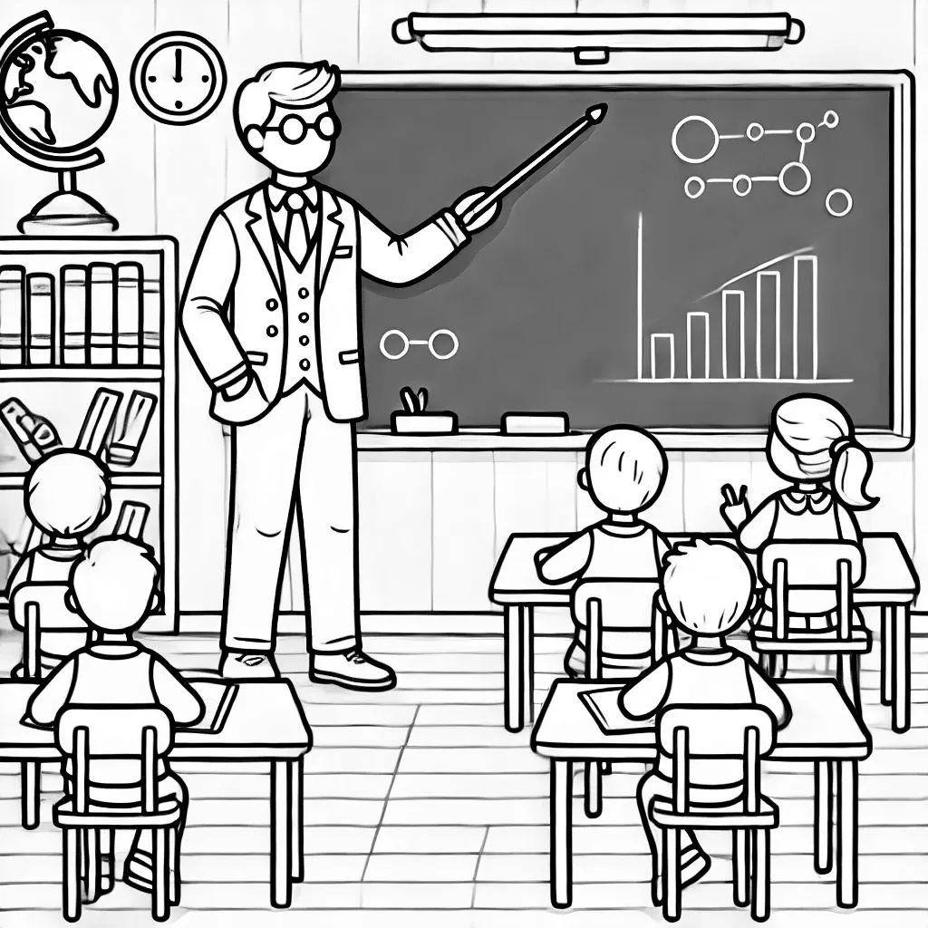 رسم بخطوط بسيطة لمعلمة تشرح الدرس في الفصل، مناسب لتلوين الأطفال. المعلمة تقف أمام السبورة وتمسك بقطعة طباشير وتشير إلى شيء على السبورة. تتضمن التفاصيل المكاتب، الطلاب، وعناصر الفصل مثل الكتب أو الكرة الأرضية. الخلفية بسيطة لتسليط الضوء على مشهد الفصل الدراسي.