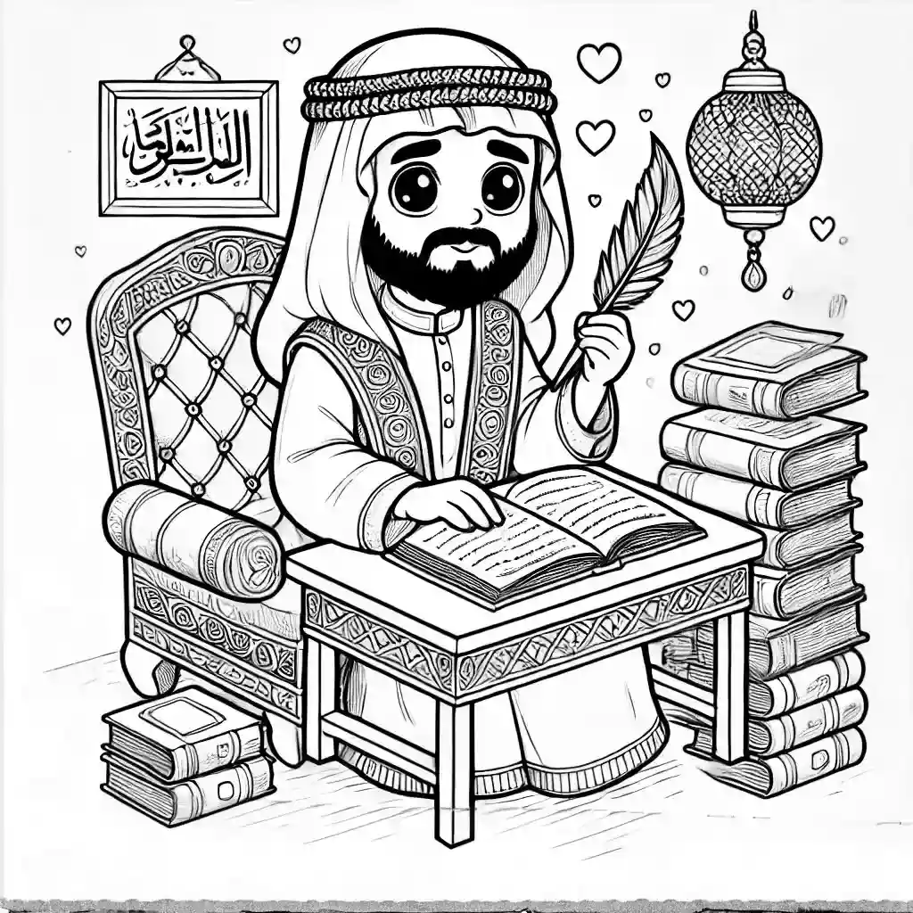 صفحة تلوين تُظهر كاتبًا عربيًا يجلس على مكتب مع أداة كتابة تقليدية مثل الريشة، محاطًا بالكتب والأوراق. تهدف الصورة إلى تعليم الأطفال عن المهن الأدبية وتشجيعهم على التعبير عن إبداعهم من خلال التلوين