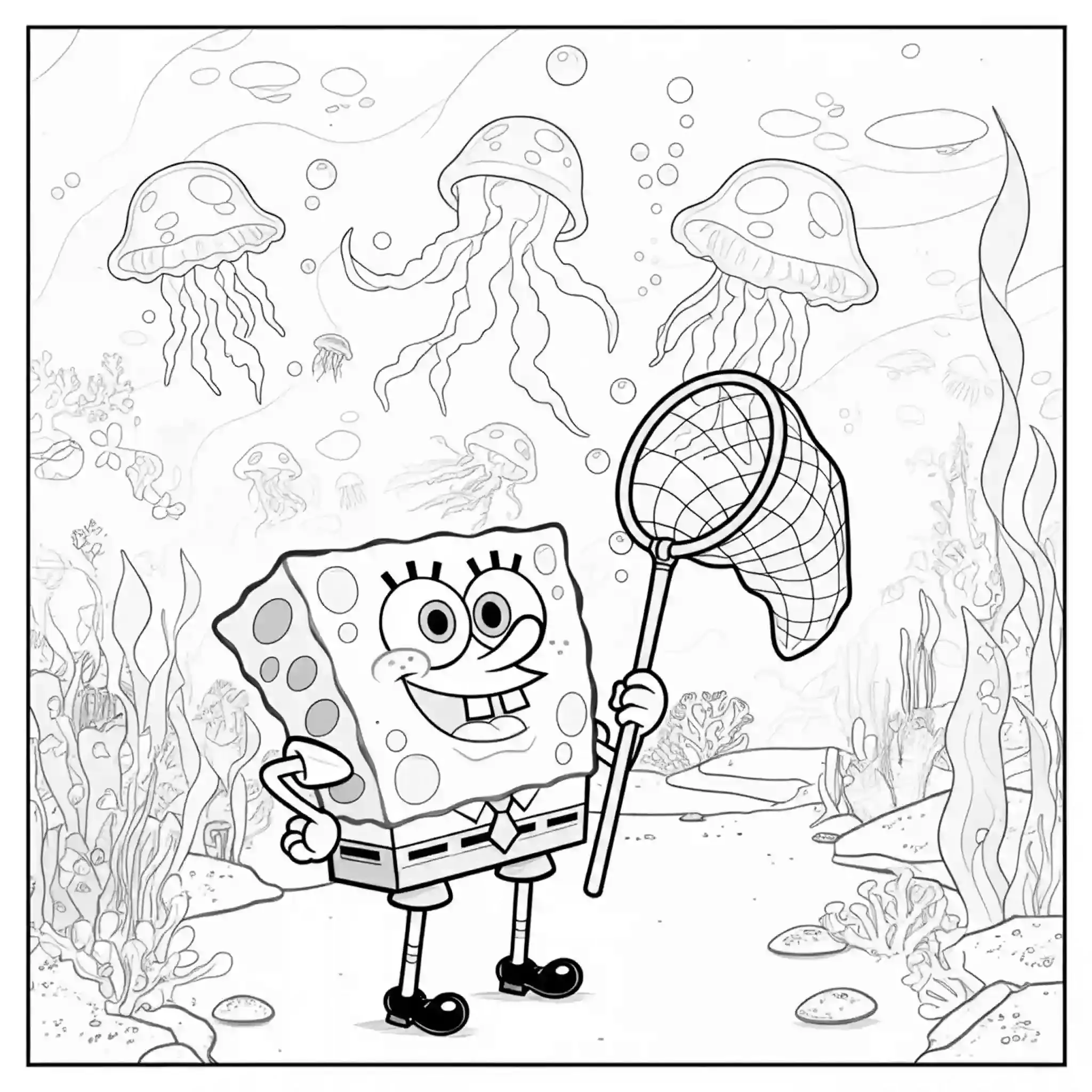 SpongeBob is ready for an exciting jellyfishing adventure in this lively coloring page. Holding his trusty jellyfish net with a determined smile, SpongeBob stands amidst the vibrant Jellyfish Fields, surrounded by floating pink jellyfish and colorful coral plants. His enthusiasm radiates from the scene, inviting kids to use bright yellows for SpongeBob, light blues for the net, soft pinks for the jellyfish, and lush greens for the field to create a cheerful and engaging masterpiece.