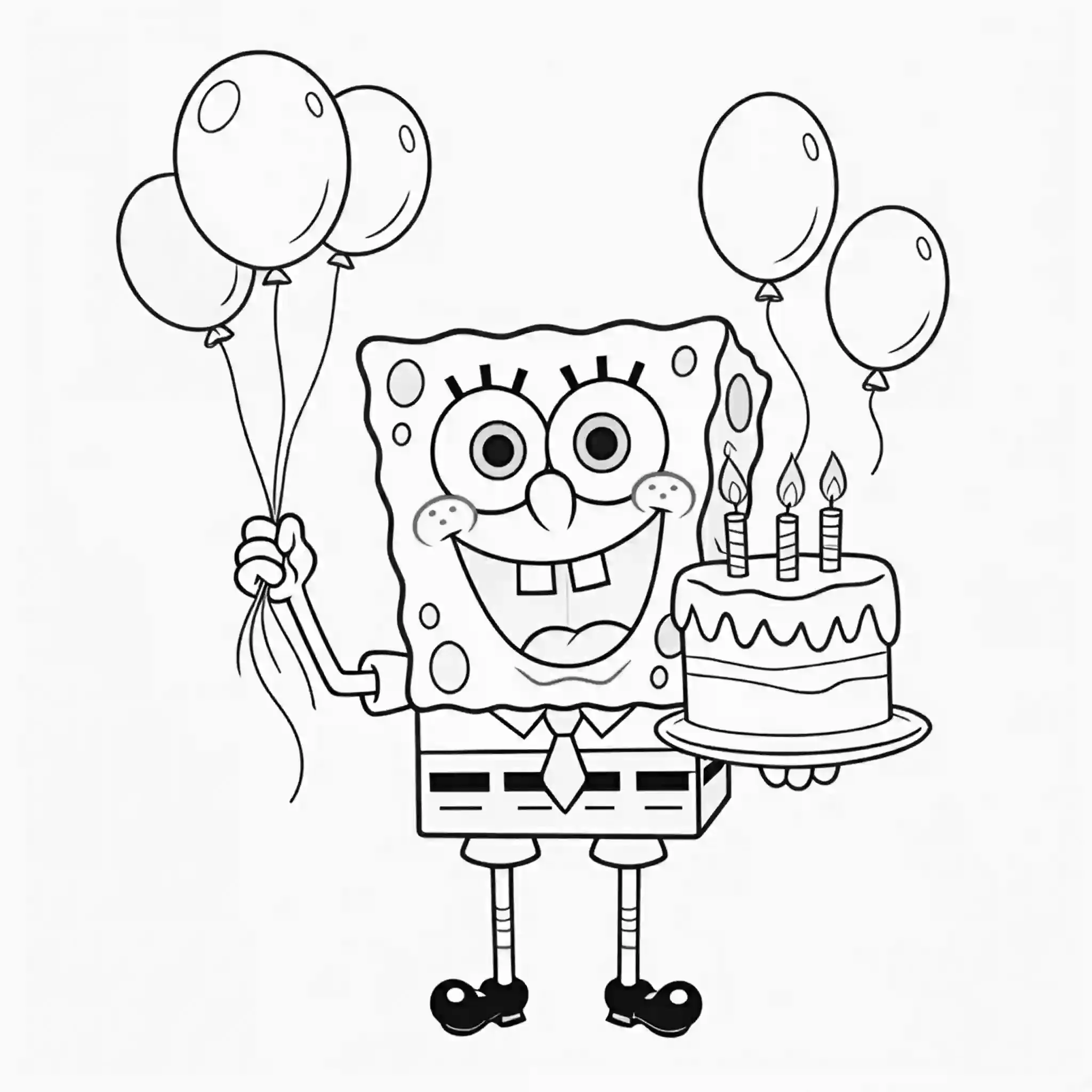 Join SpongeBob in celebrating his birthday in this delightful coloring page! SpongeBob is holding a bundle of colorful balloons with one hand while wearing a party hat and a joyful expression. The background features festive decorations, a cake on a table, and confetti scattered all around. Use a rainbow of colors for the balloons, bright yellow for SpongeBob, and a variety of festive shades for the decorations to make this scene a burst of birthday cheer.