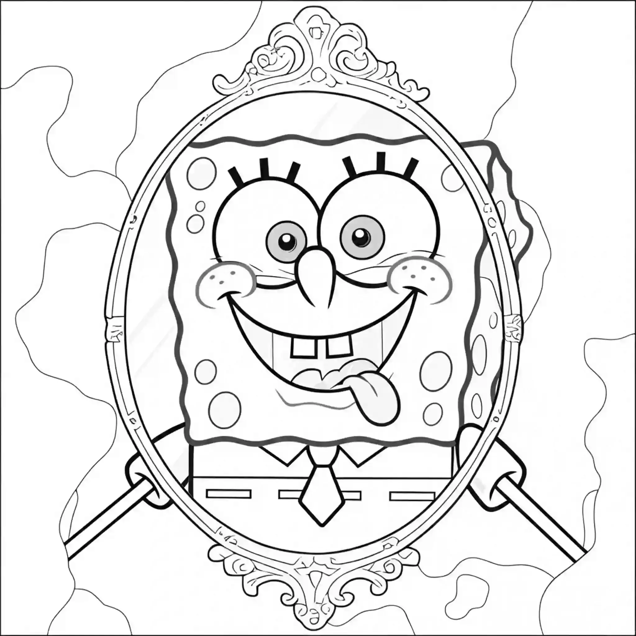 This hilarious coloring page features SpongeBob making silly faces in front of a mirror. With his tongue out, eyes crossed, and cheeks puffed, SpongeBob’s playful antics are sure to bring a smile. The mirror reflects his funny expressions, and the background shows SpongeBob’s cozy pineapple house interior. Use bright yellow for SpongeBob, silvery tones for the mirror, and warm, cheerful colors for the interior to add personality and charm to this amusing scene.