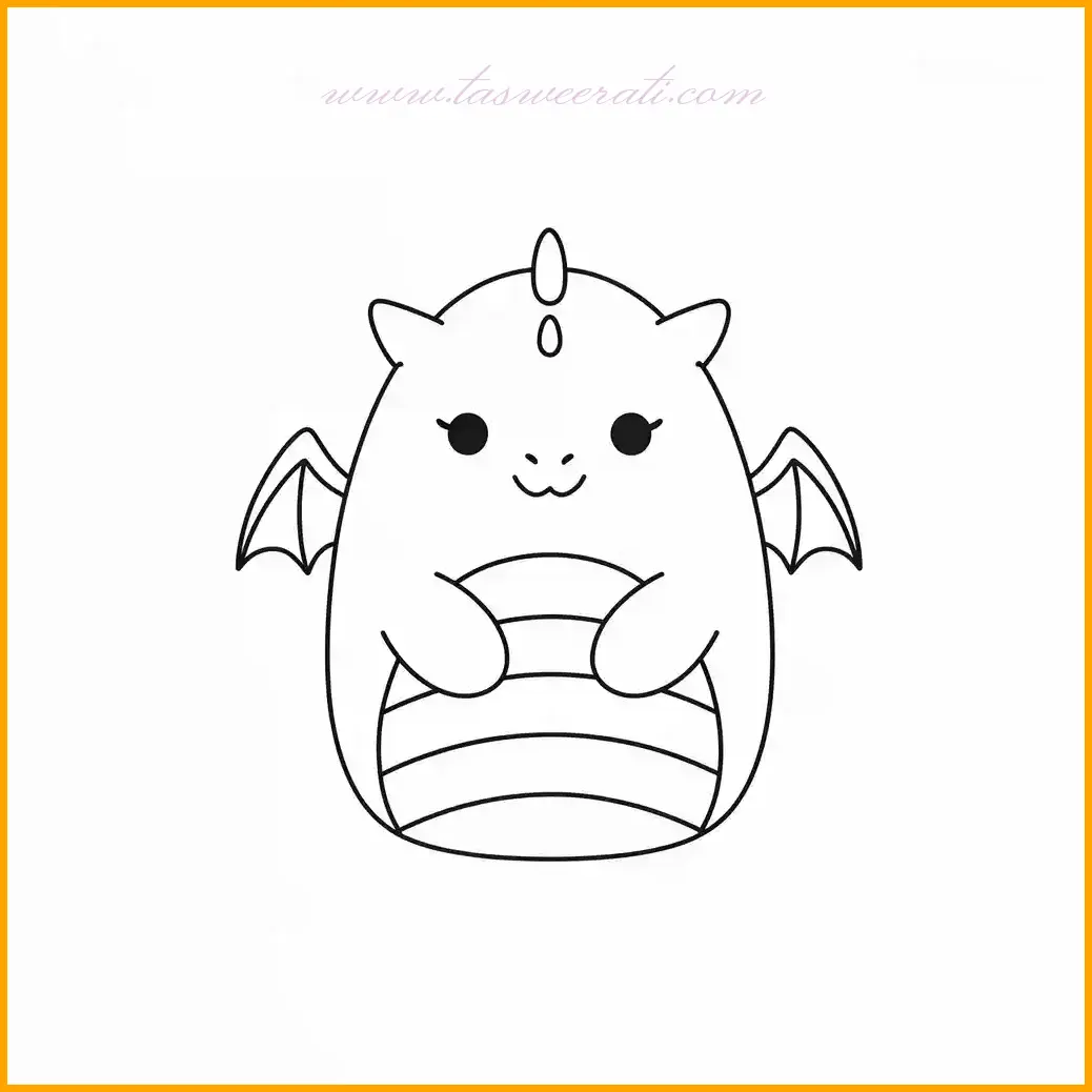 يقدم هذا الرسم تنين Squishmallow صغير بأجنحته الرائعة وتصميمه الودي، مما يجعله خيارًا مثاليًا لتلوين الأطفال. يمكن للأطفال تلوين جسم التنين بدرجات الأخضر أو الأزرق، مع استخدام اللون الفضي أو الذهبي لإضافة تفاصيل براقة على الأجنحة. العيون يمكن تلوينها بلون أزرق أو بني داكن لإبراز المظهر الحي والمفعم بالطاقة. يمكن إضافة تأثيرات نارية باستخدام الألوان الحمراء والبرتقالية حول التنين لإظهار أنه ينفث النار. مع خطوط واضحة وأجنحة مميزة، هذه الصورة تمنح الأطفال فرصة لاستكشاف مهاراتهم الفنية وإضافة لمسة إبداعية خاصة بهم.