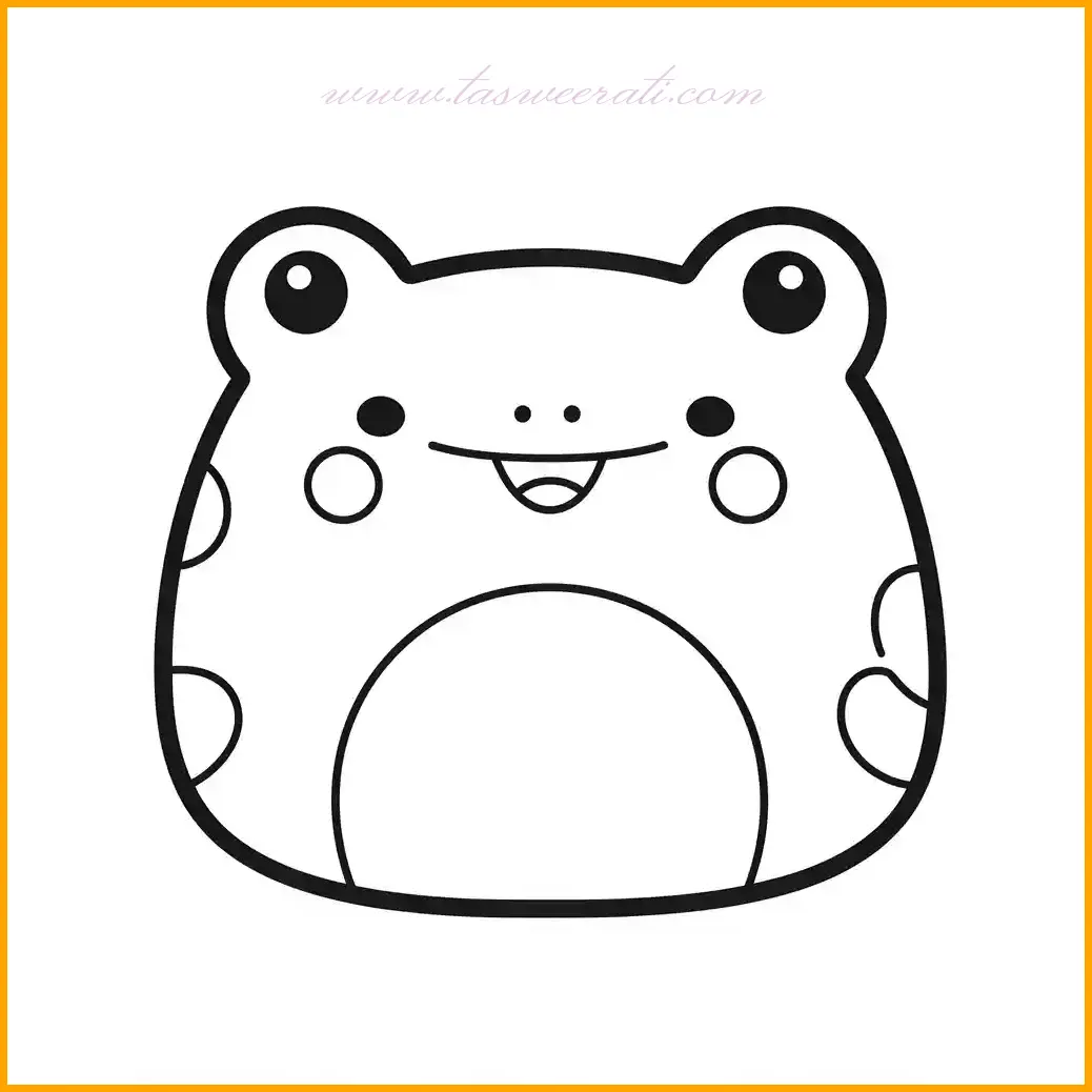 يظهر ضفدع Squishmallow في هذا الرسم بابتسامة كبيرة تضفي عليه طابعًا مرحًا وجذابًا للأطفال. يمكن استخدام درجات اللون الأخضر لتلوين جسم الضفدع، مع تلوين البطن بلون أصفر فاتح أو أبيض لإظهار تفاصيله بشكل جميل. العيون الكبيرة يمكن تحديدها بلون أسود مع لمسات من الأبيض لإبراز البريق. يمكن للأطفال إضافة لمساتهم الإبداعية باستخدام اللون الأزرق لتلوين المياه أو الوردي لتزيين الزهور حول الضفدع. هذه الصورة تسهل على الأطفال التلوين بفضل خطوطها الواضحة وتصميمها الممتع الذي يعزز خيالهم.