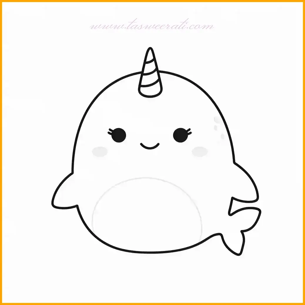 حريش البحر Squishmallow في هذا الرسم يتميز بقرنه اللولبي وتصميمه الجميل الذي يجعل التلوين تجربة ممتعة للأطفال. يمكن تلوين جسم الحريش بدرجات اللون الأزرق أو الأخضر المائي، بينما يمكن تلوين القرن باستخدام الألوان الزاهية مثل الذهبي أو الفضي لإبراز تفاصيله. يمكن للأطفال إضافة تأثيرات مائية باستخدام الألوان البيضاء والزرقاء الفاتحة في الخلفية. هذه الصورة ليست فقط ممتعة بل أيضًا تساعد الأطفال على تنمية خيالهم وإبداعهم أثناء التلوين.