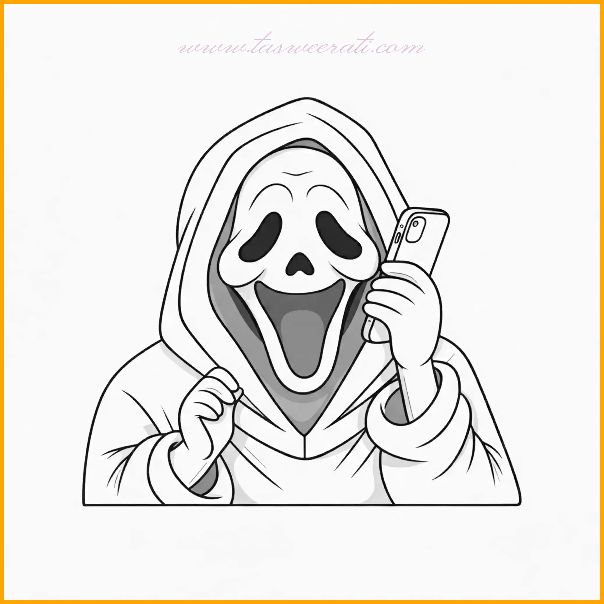 تظهر هذه الصورة Ghostface وهو يمسك بهاتف محمول بابتسامة عريضة وملامح كرتونية مرحة. يمكن للأطفال إضفاء ألوان مبتكرة على الهاتف مثل الفضي أو الذهبي، بينما يُترك Ghostface باللونين الأبيض والأسود لإبراز الطابع التقليدي للشخصية. يمكن للخلفية أن تُلوّن بتدرجات ناعمة مثل الأصفر الباهت أو الأخضر الفاتح. هذه الصفحة مثالية لتطوير مهارات التلوين لدى الأطفال وتحفيزهم على استخدام ألوان متعددة لخلق تصميم مميز.