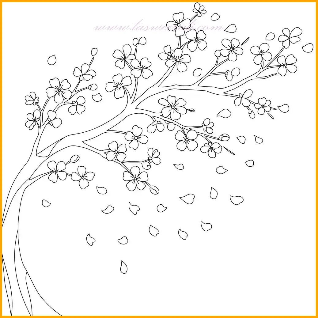 تقدم هذه الرسمة الرائعة مشهدًا لشجرة زهر الكرز ذات الأغصان المتشابكة والبتلات المتساقطة برقة، مما يجعلها خيارًا مثاليًا لمحبي الفن الياباني والتلوين الدقيق. تتميز الرسمة بالتفاصيل المتقنة للأغصان التي تتشابك بطريقة طبيعية، مما يمنحها مظهرًا واقعيًا ورائعًا. لتلوين هذه الرسمة، يمكن استخدام درجات اللون الوردي الفاتح للبتلات المتساقطة، مع تدرجات من البني الداكن للأغصان لمنحها إحساسًا بالعمق. يمكنك أيضًا إضافة لمسات من اللون الأخضر الفاتح للأوراق الصغيرة لتعزيز جمال المشهد. لإضفاء تأثير أكثر إبداعًا، يمكن استخدام ألوان الباستيل الهادئة في الخلفية، مثل الأزرق الفاتح أو البنفسجي، لإبراز رقة الزهور المتساقطة. هذه الرسمة مثالية للأشخاص الذين يبحثون عن تجربة تلوين هادئة مستوحاة من الطبيعة والتراث الثقافي الآسيوي.