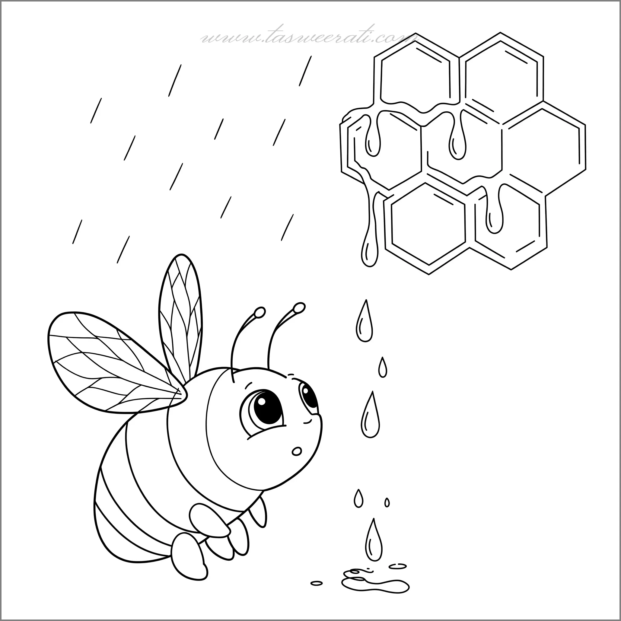 تجلس نحلة صغيرة على حافة قرص العسل، تراقب بانبهار قطرات المطر وهي تتجمع ببطء وتنزلق عبر الخلايا السداسية الممتلئة بالعسل الذهبي. السماء الرمادية تمنح المشهد إحساسًا بالهدوء، بينما تلمع قطرات المطر تحت الضوء الخافت. بعض النحل الآخر يختبئ داخل الخلية، منتظرًا أن يتوقف المطر. لتلوين هذا المشهد، استخدم درجات الذهب والبرتقالي للعسل، مع البني الفاتح والداكن لخلايا النحل، وأزرق رمادي للسماء الممطرة. يمكن إضافة لمسات بيضاء وشفافة للقطرات لإضفاء تأثير مائي واقعي، بينما تبقى النحلة زاهية بألوانها الصفراء والسوداء المميزة.